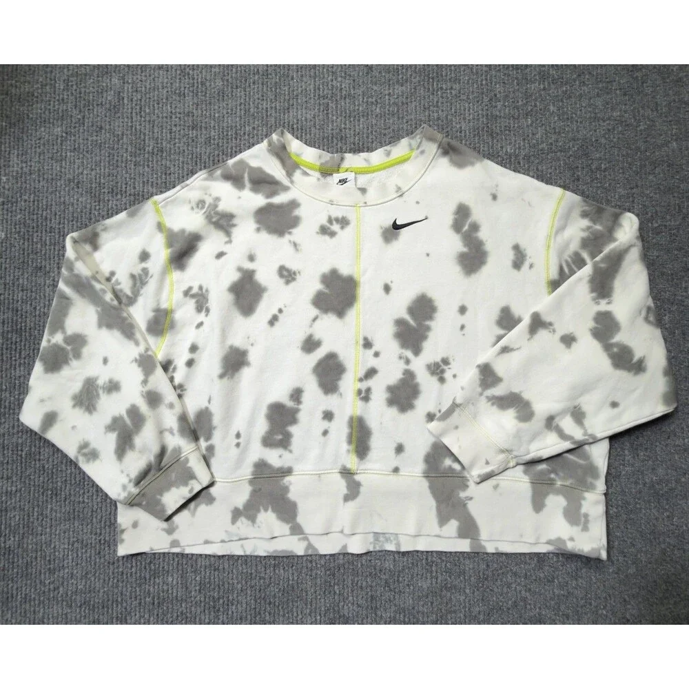 Nike Sweatshirt Women Size 2X White Tie Dye Crewneck Cropped Oversized Pullover